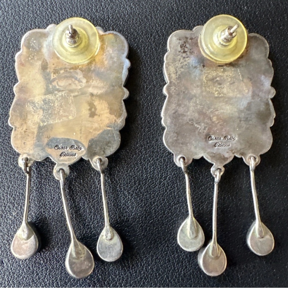 HUGE MAGNIFICENT VTG OSCAR BETZ NAVAJO STERLING MULTI STONE EARRINGS - Picture 3 of 7